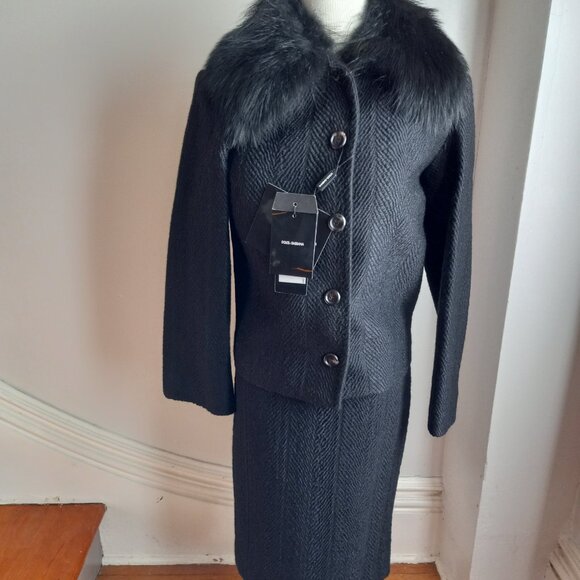 DOLCE & GABBANA BLACK WOOL FUR COLLAR SKIRT SUIT NWT IT 40 US 4 - Picture 1 of 16